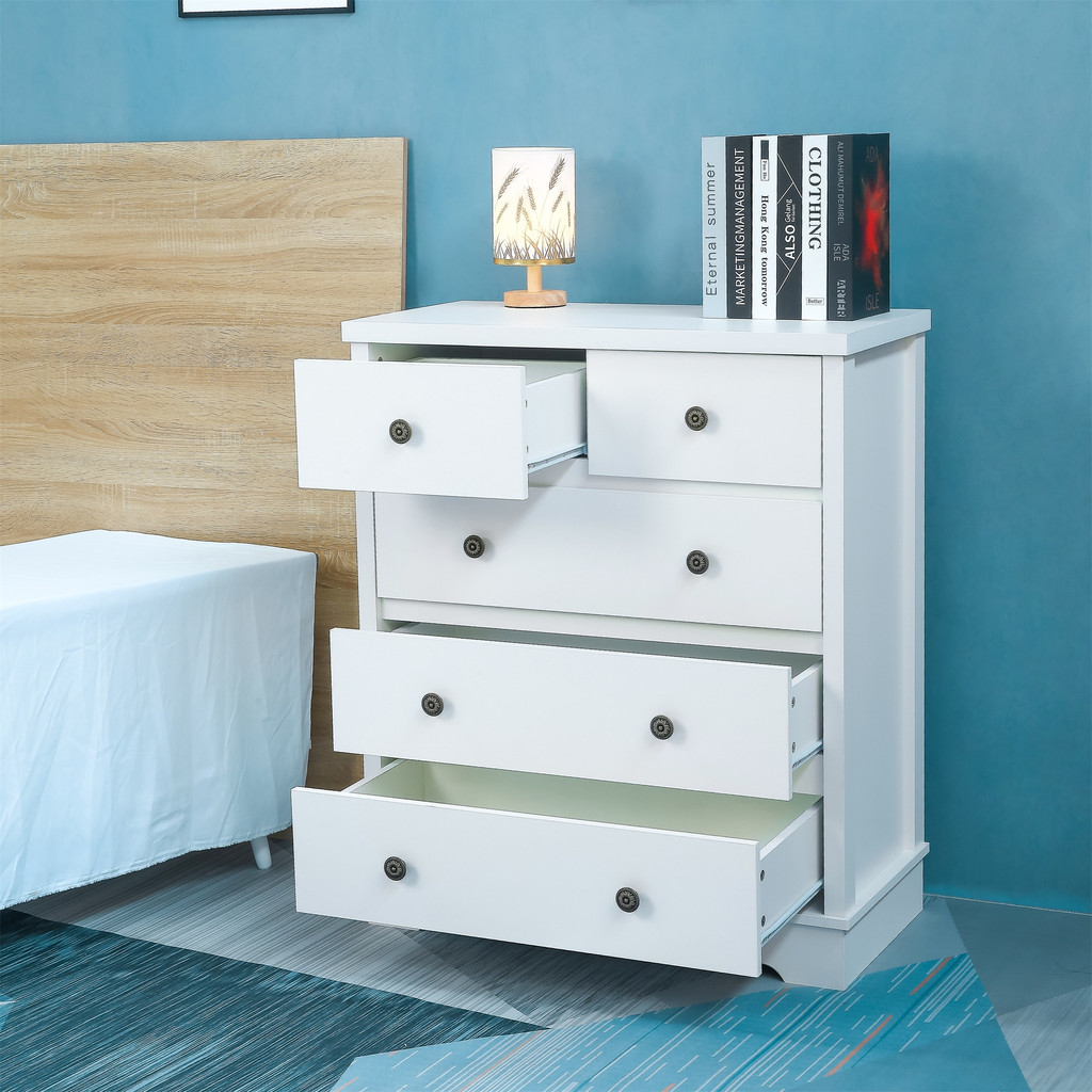 White dresser with lamp and books on top in blue room
